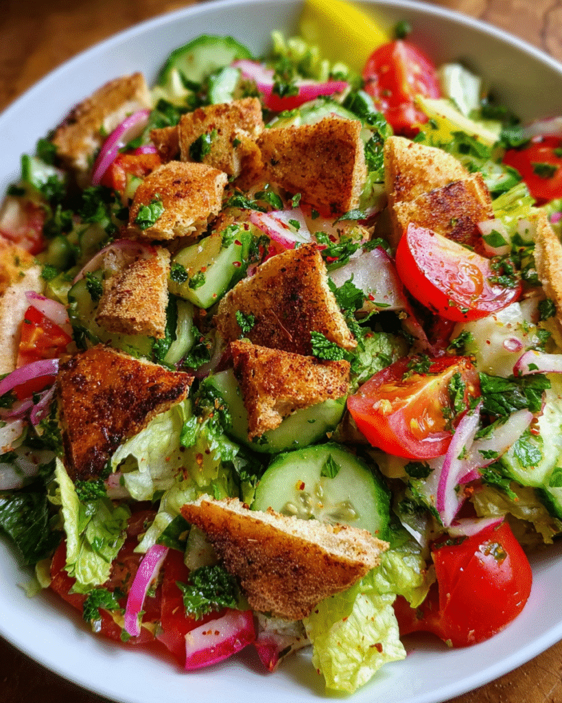 Fattoush salad with fresh vegetables and crispy pita