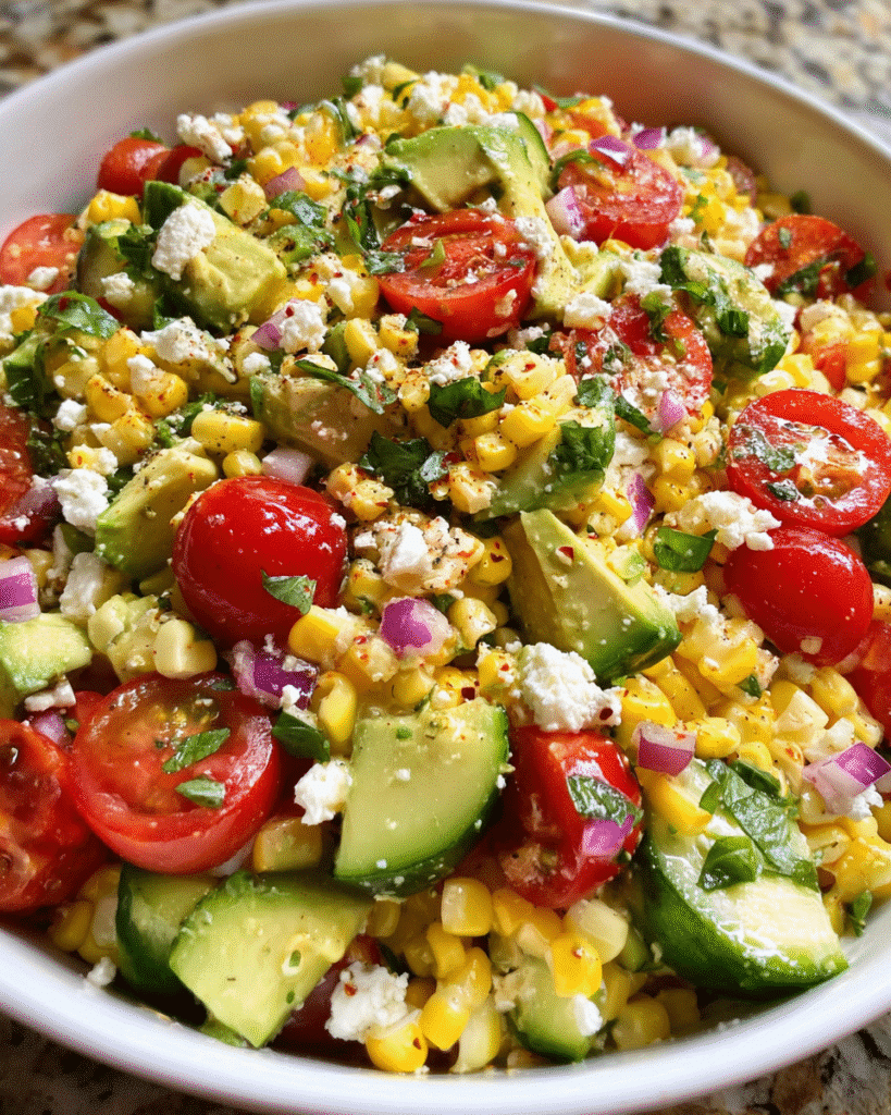 Fresh corn salad in ceramic bowl