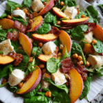 Fresh peach mozzarella and crispy prosciutto salad in a rustic bowl