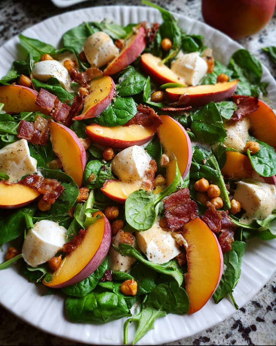 Fresh peach mozzarella and crispy prosciutto salad in a rustic bowl