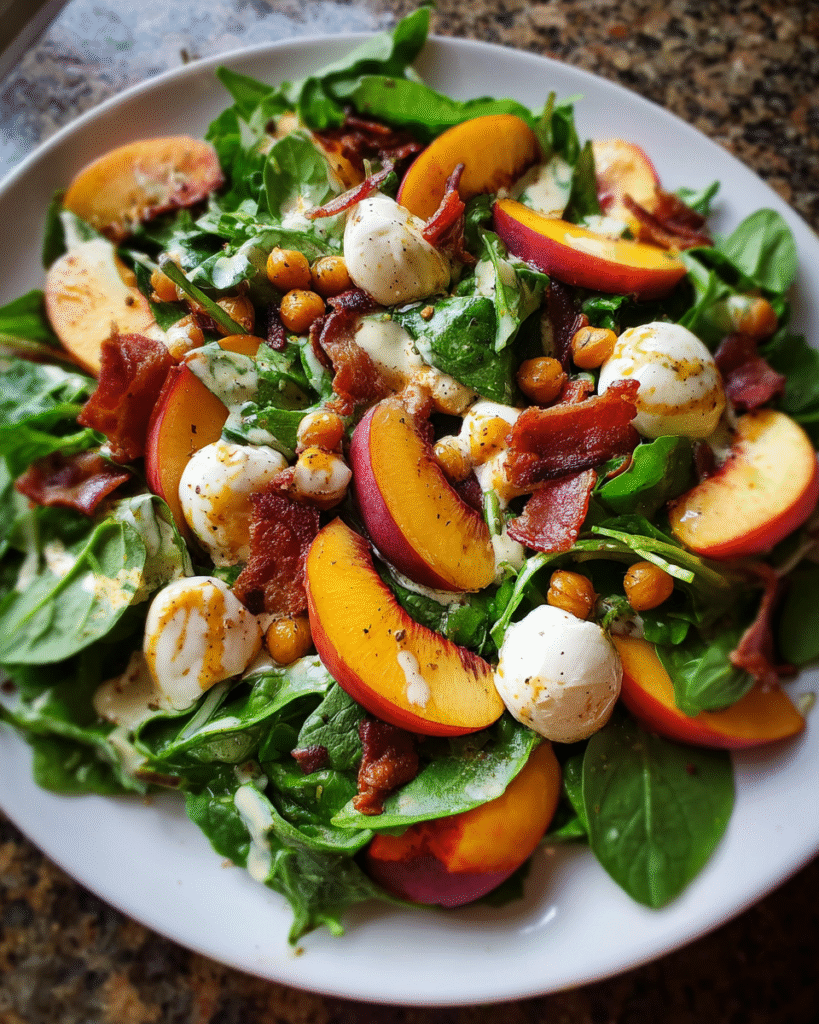 Fresh peach mozzarella and crispy prosciutto salad in a rustic bowl