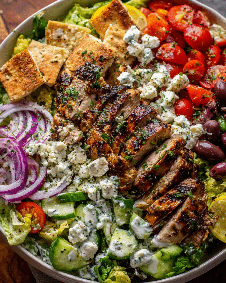 Greek Chicken Salad recipe with grilled chicken and tzatziki