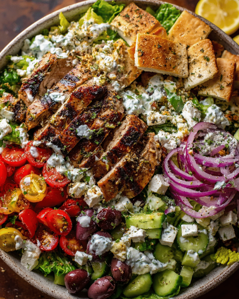 Greek Chicken Salad recipe with grilled chicken and tzatziki