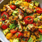 Grilled chicken and corn salad in bowl with avocado and lime