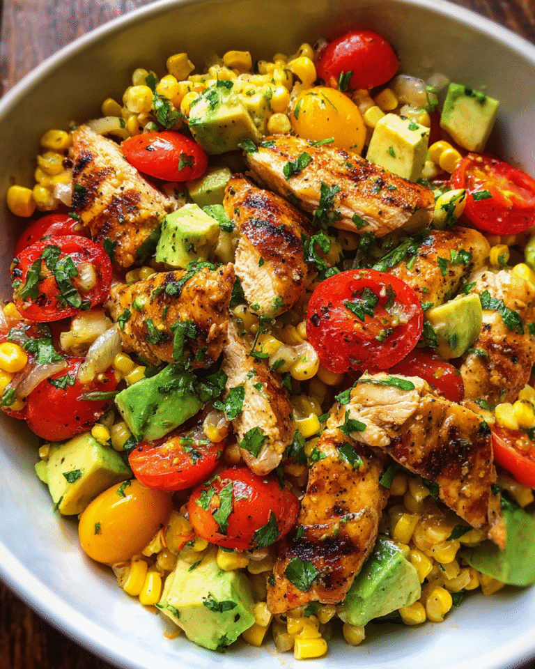 Grilled chicken and corn salad in bowl with avocado and lime