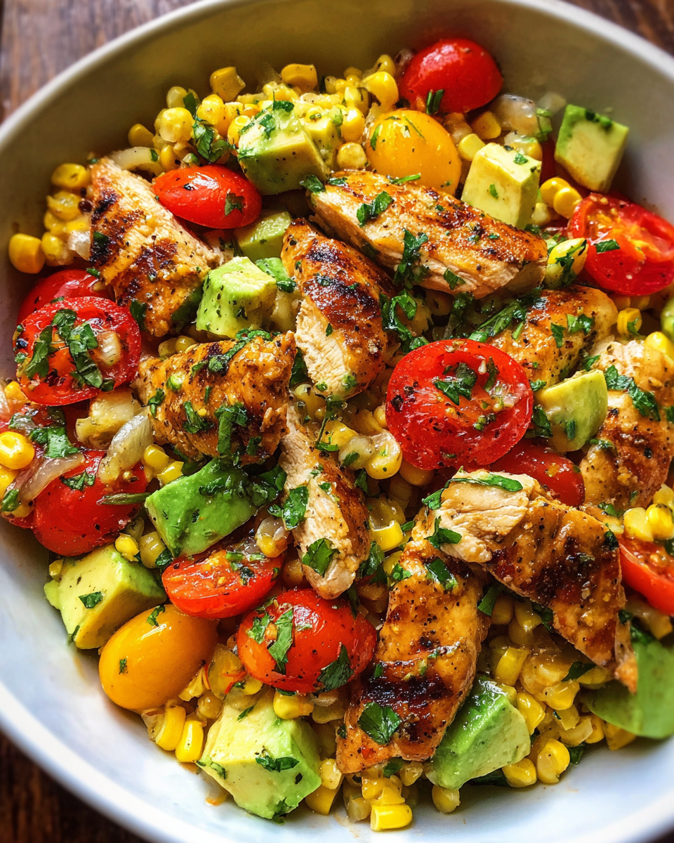 Grilled chicken and corn salad in bowl with avocado and lime