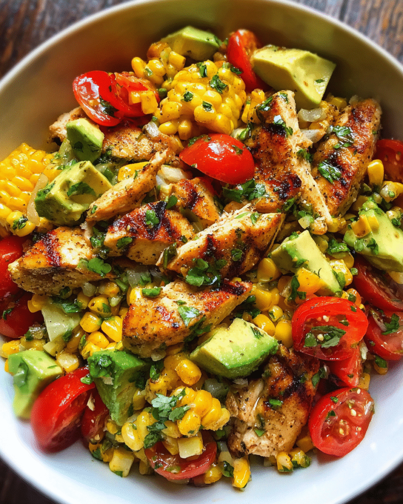 Grilled chicken and corn salad in bowl with avocado and lime