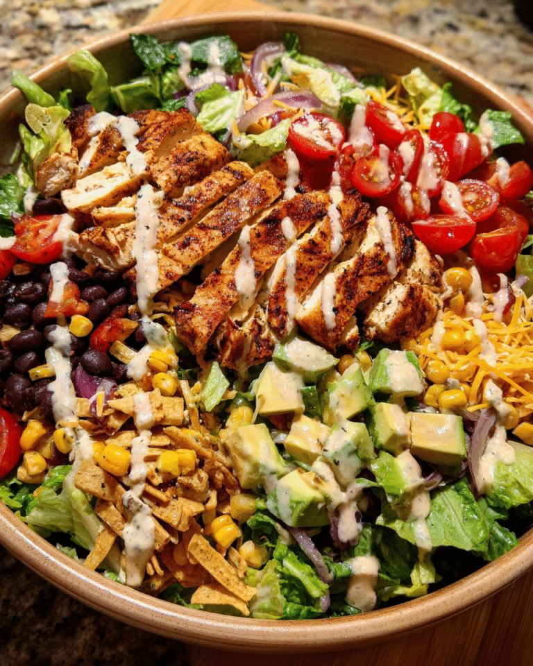 grilled southwest chicken salad in rustic bowl
