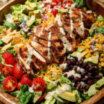 grilled southwest chicken salad in rustic bowl