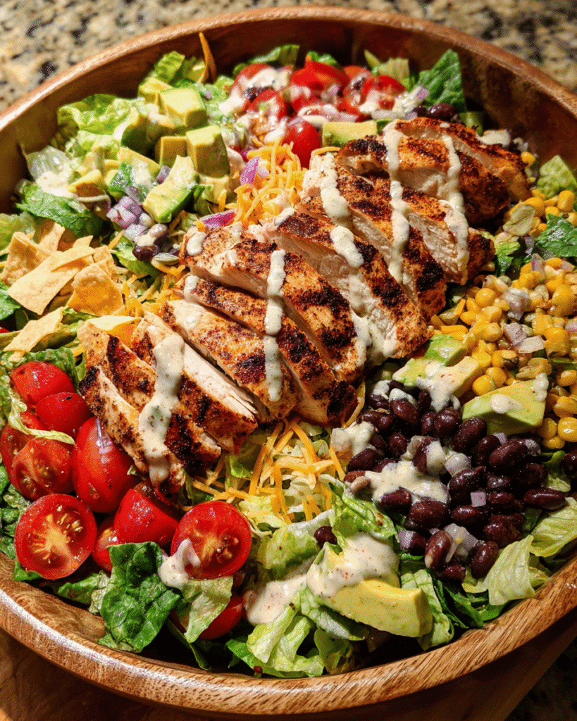 grilled southwest chicken salad in rustic bowl