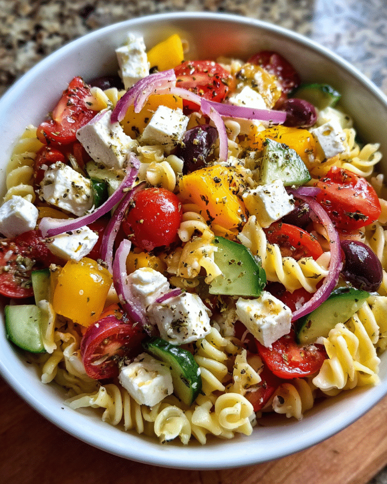 Greek pasta salad with colorful ingredients
