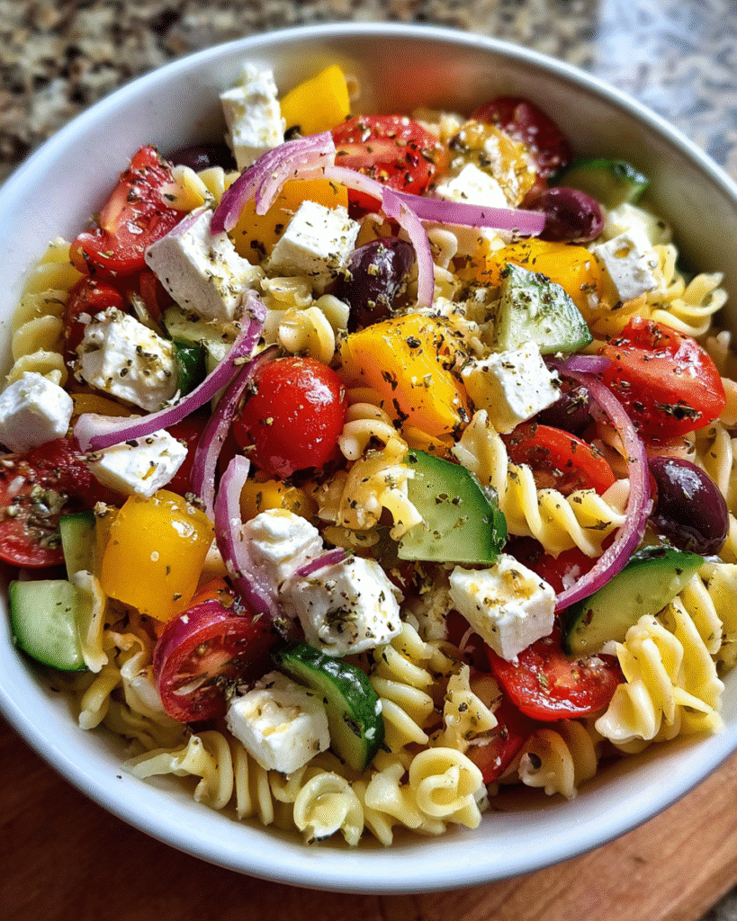 Greek pasta salad with colorful ingredients