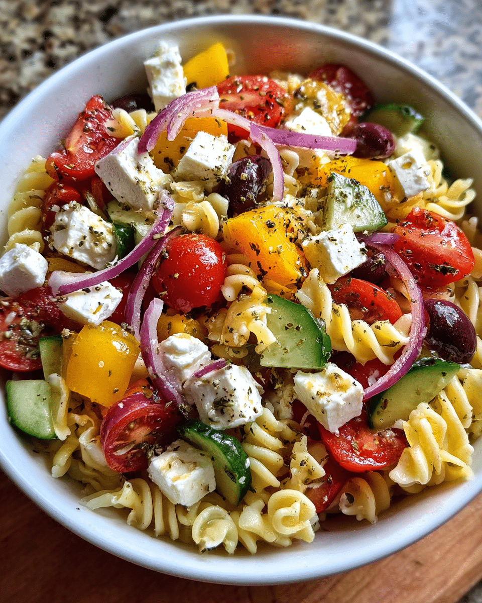 Greek pasta salad with colorful ingredients