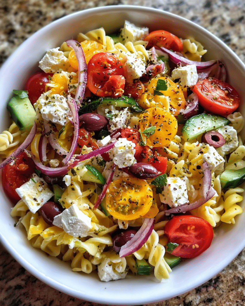 Greek pasta salad with colorful ingredients