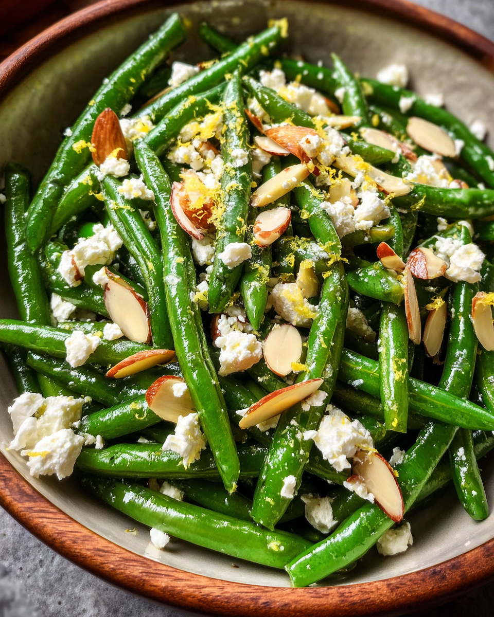 Green Bean Salad with Feta in rustic bowl