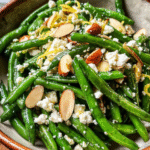 Green Bean Salad with Feta in rustic bowl