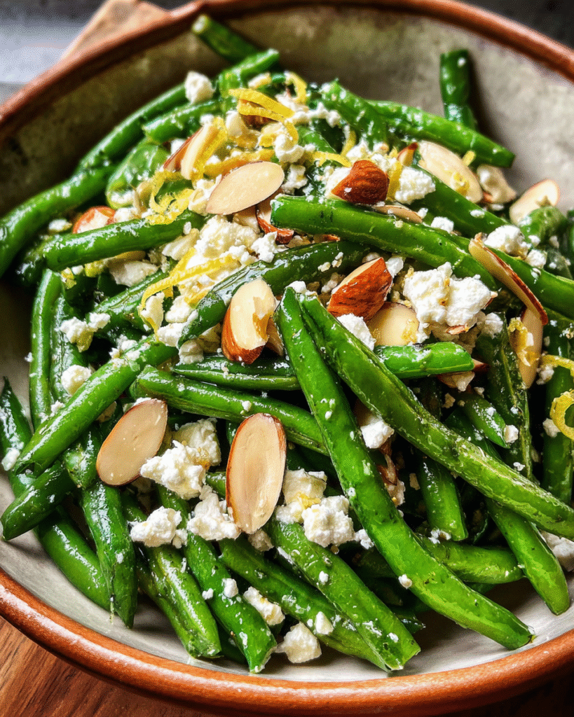 Green Bean Salad with Feta in rustic bowl