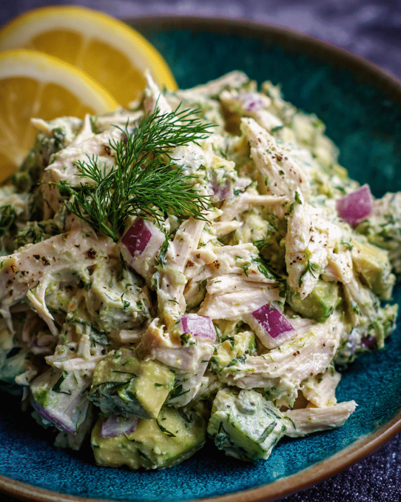 green goddess chicken salad in a rustic bowl