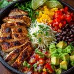 Grilled Chicken Burrito Bowl with colorful toppings