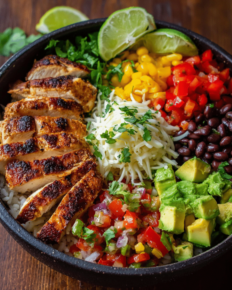 Grilled Chicken Burrito Bowl with colorful toppings