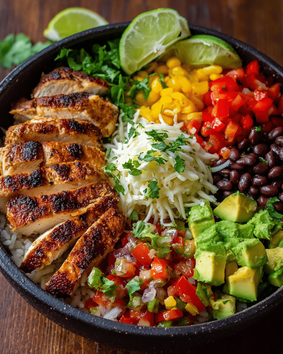 Grilled Chicken Burrito Bowl with colorful toppings
