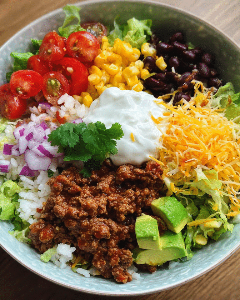 Ground beef burrito bowl with colorful toppings