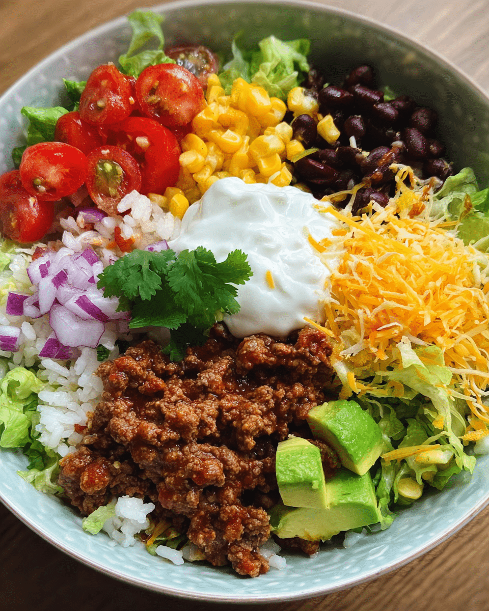Ground beef burrito bowl with colorful toppings