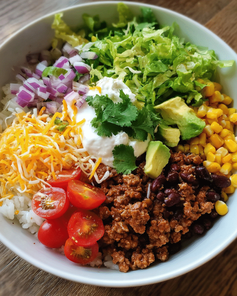 Ground beef burrito bowl with colorful toppings