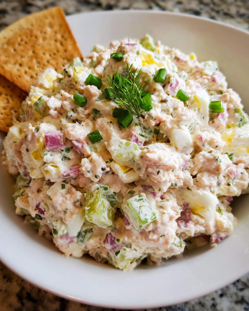 Creamy ham salad in rustic bowl with ingredients