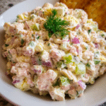 Creamy ham salad in rustic bowl with ingredients