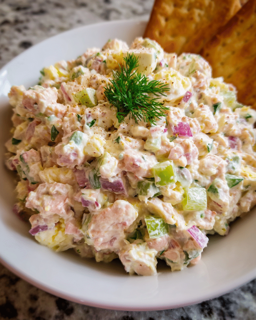 Creamy ham salad in rustic bowl with ingredients