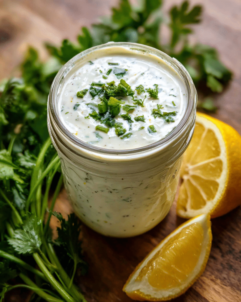 Healthy ranch dressing jar with fresh herbs