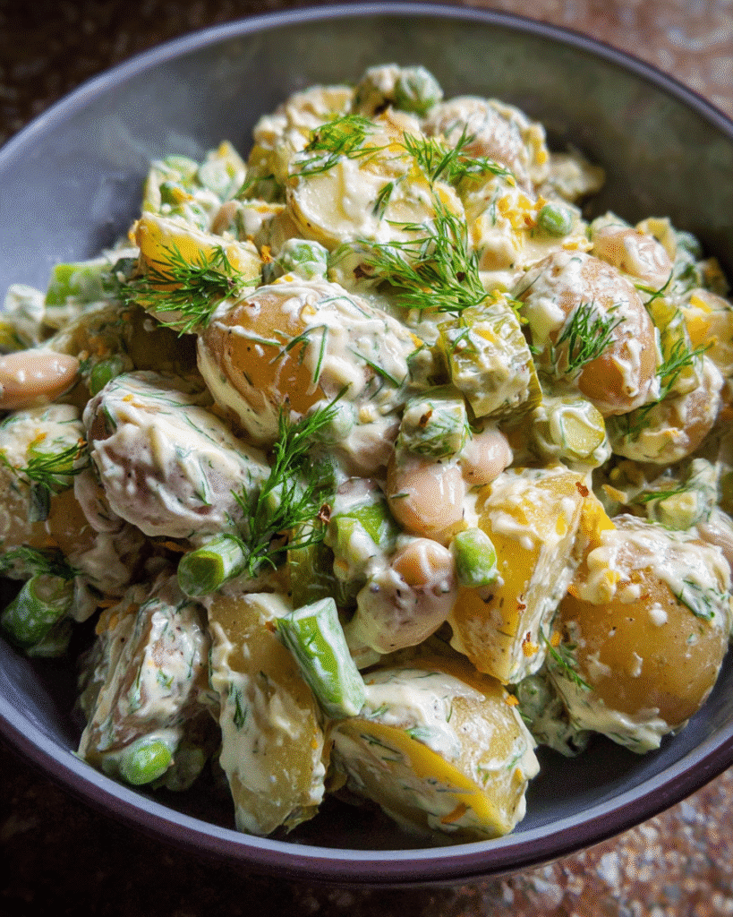 High Protein Potato Salad in Ceramic Bowl