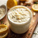 Homemade Caesar dressing in jar with fresh ingredients