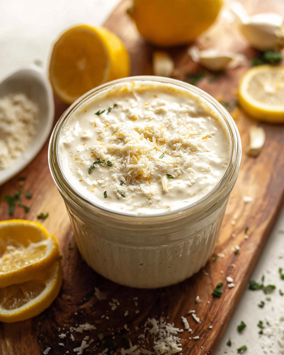 Homemade Caesar dressing in jar with fresh ingredients