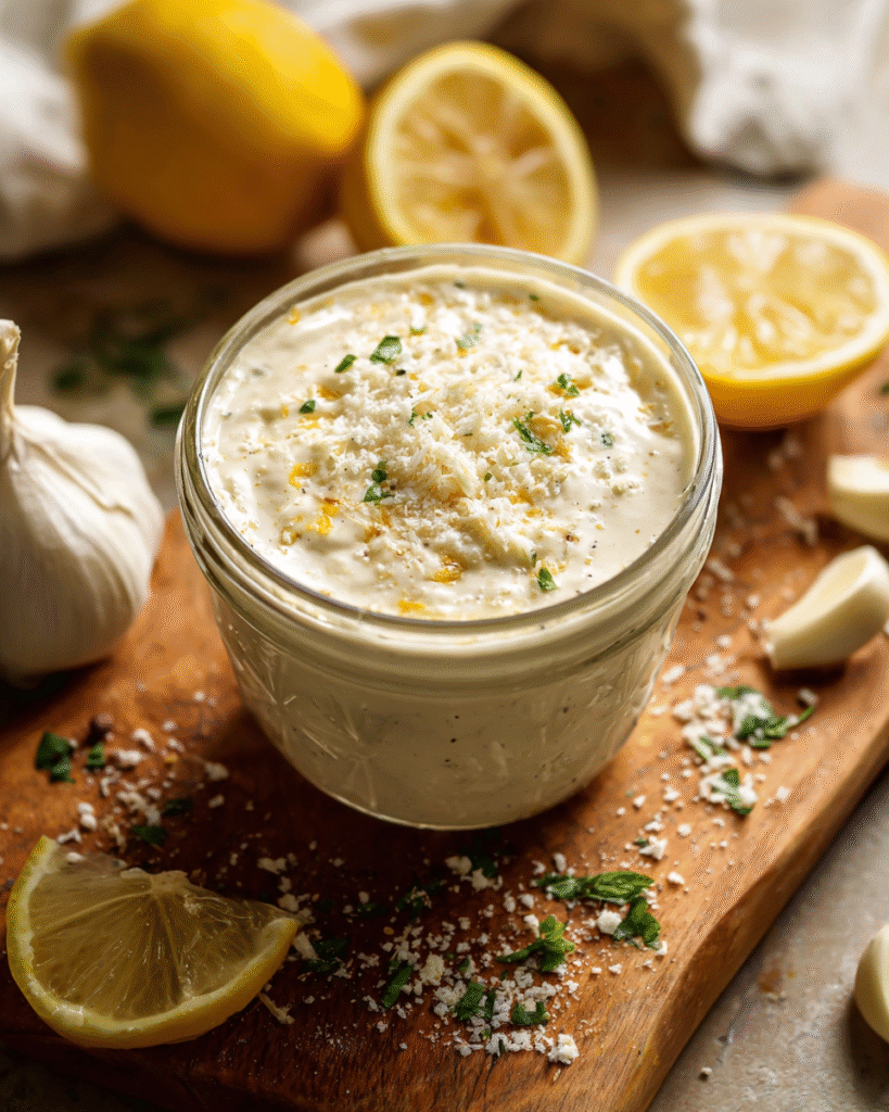 Homemade Caesar dressing in jar with fresh ingredients