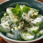 Indian cucumber yogurt salad in a ceramic bowl