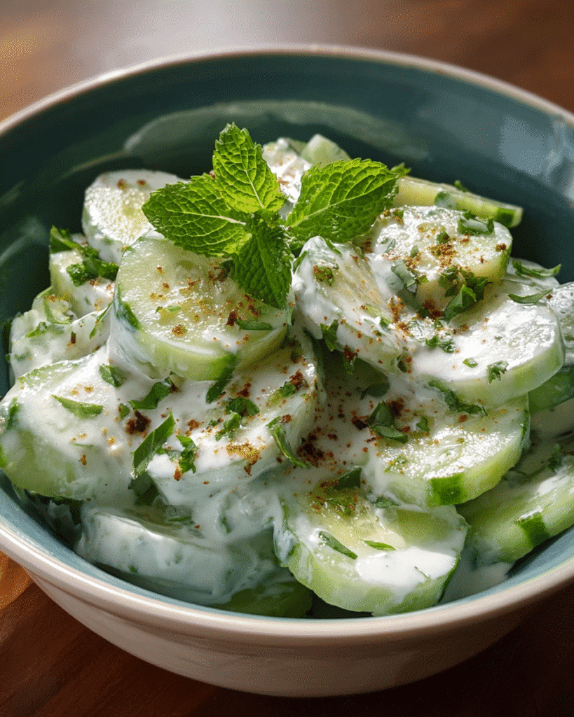 Indian cucumber yogurt salad in a ceramic bowl