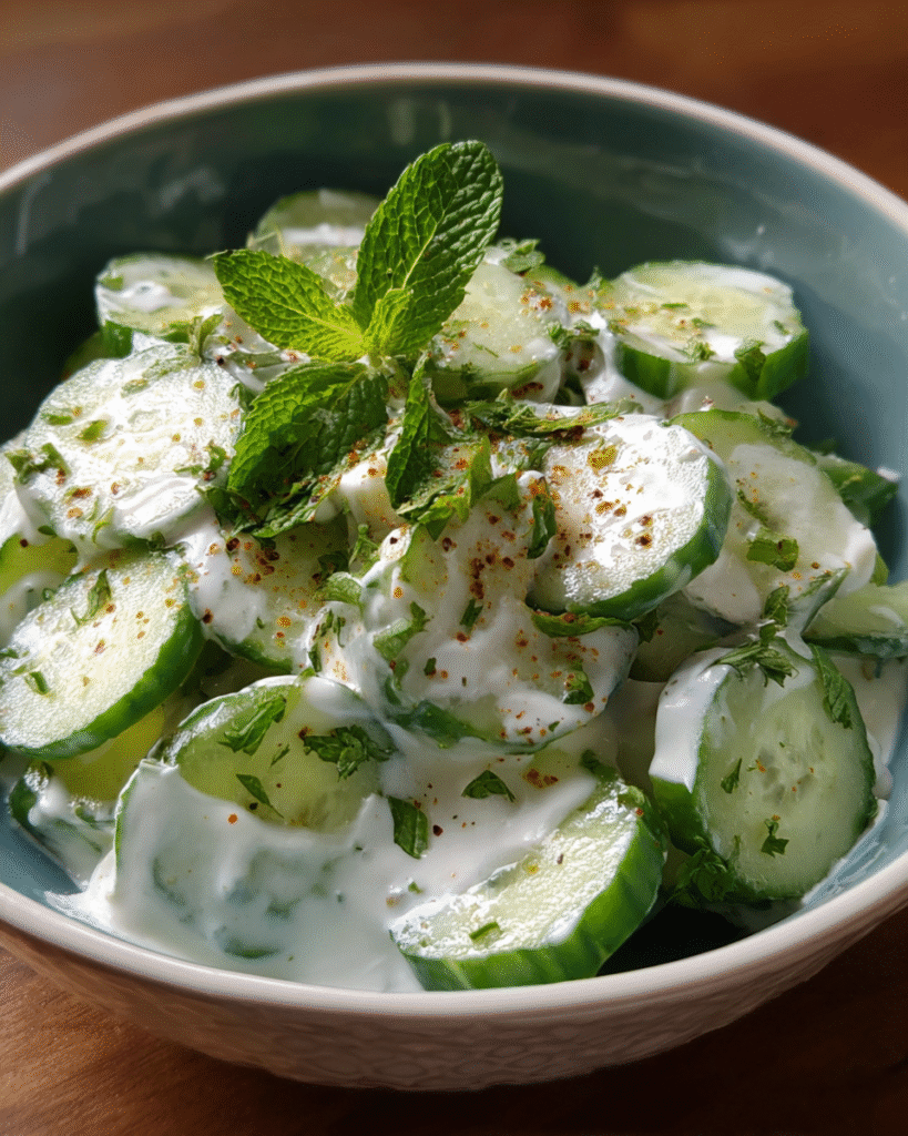 Indian cucumber yogurt salad in a ceramic bowl