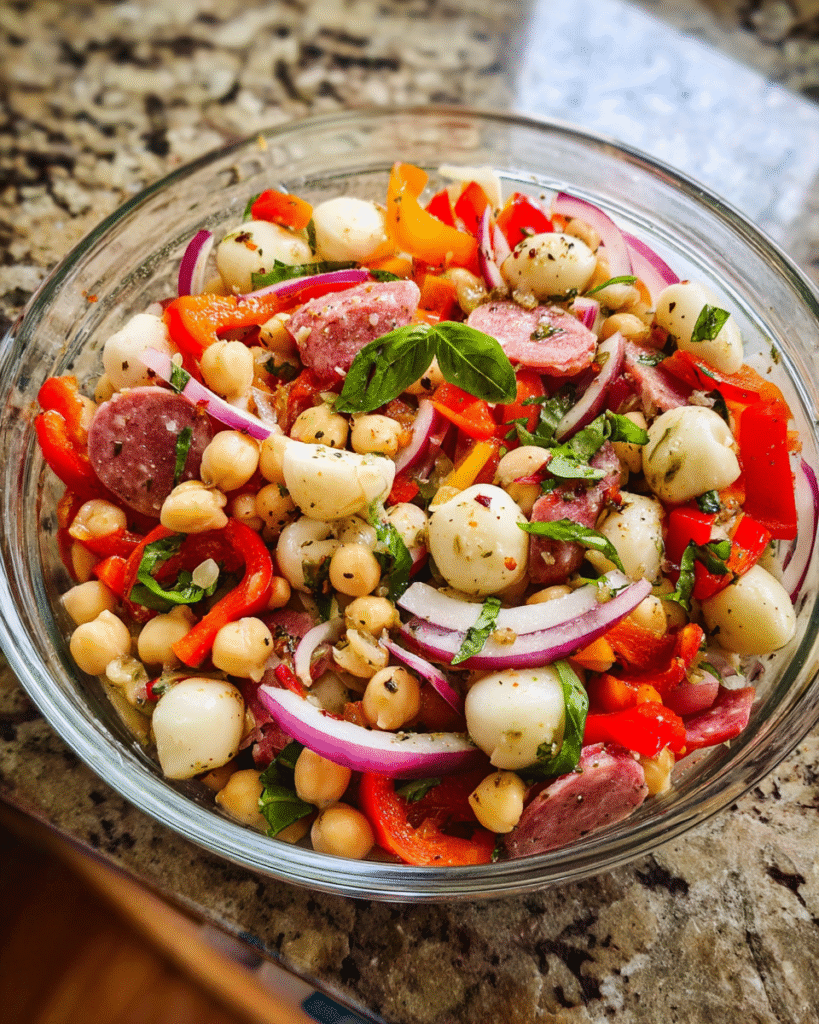 Italian Grinder Bean Salad served in rustic bowl