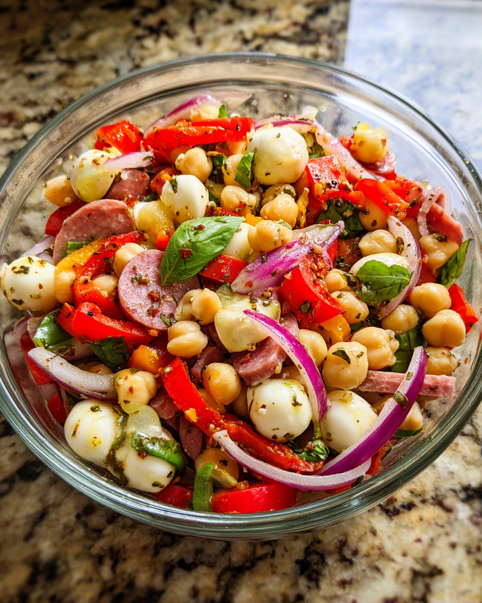 Italian Grinder Bean Salad served in rustic bowl