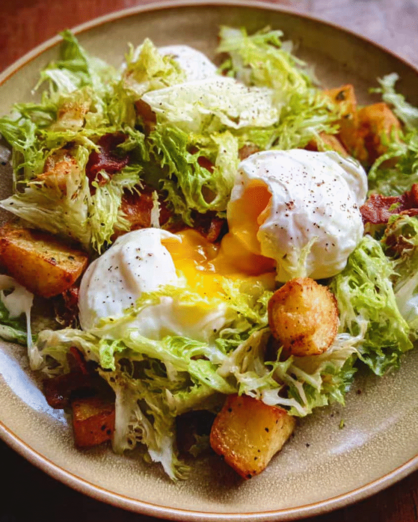 Warm Lyonnaise salad with poached egg and frisée
