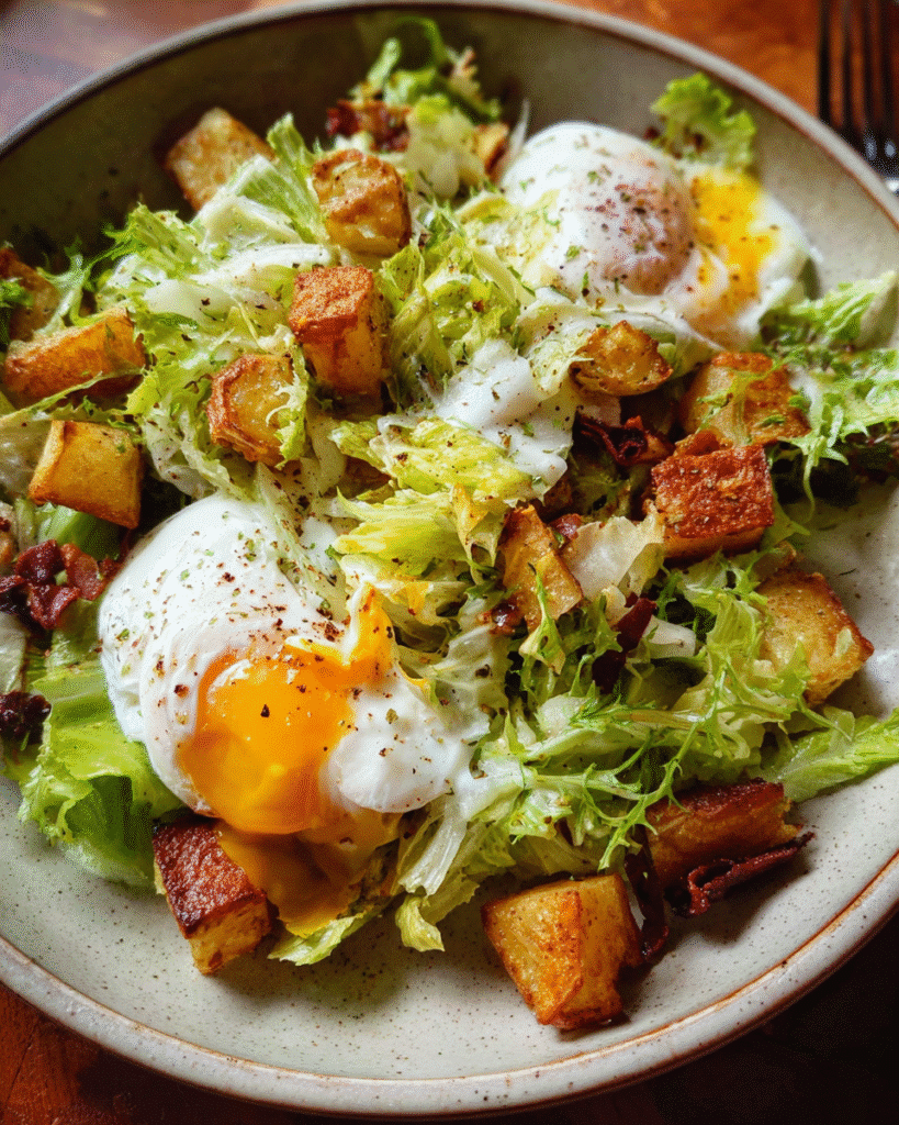 Warm Lyonnaise salad with poached egg and frisée