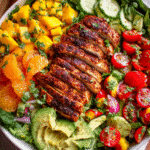 Mango salad with grilled chicken, avocado, and fresh greens