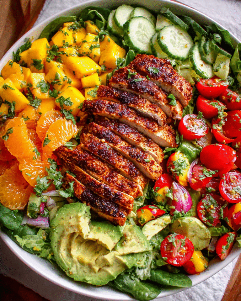 Mango salad with grilled chicken, avocado, and fresh greens