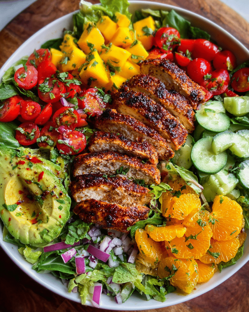 Mango salad with grilled chicken, avocado, and fresh greens