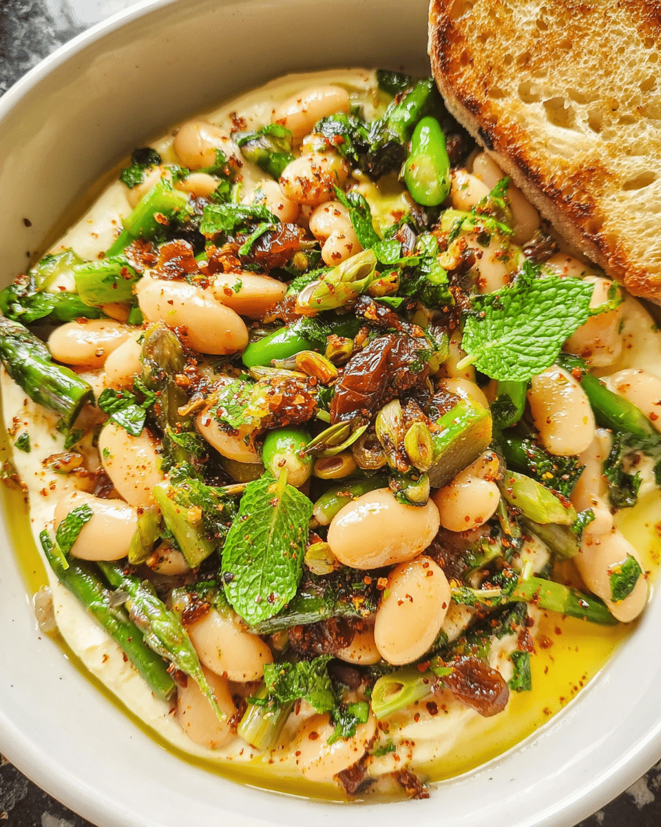 Mediterranean white bean salad in rustic bowl