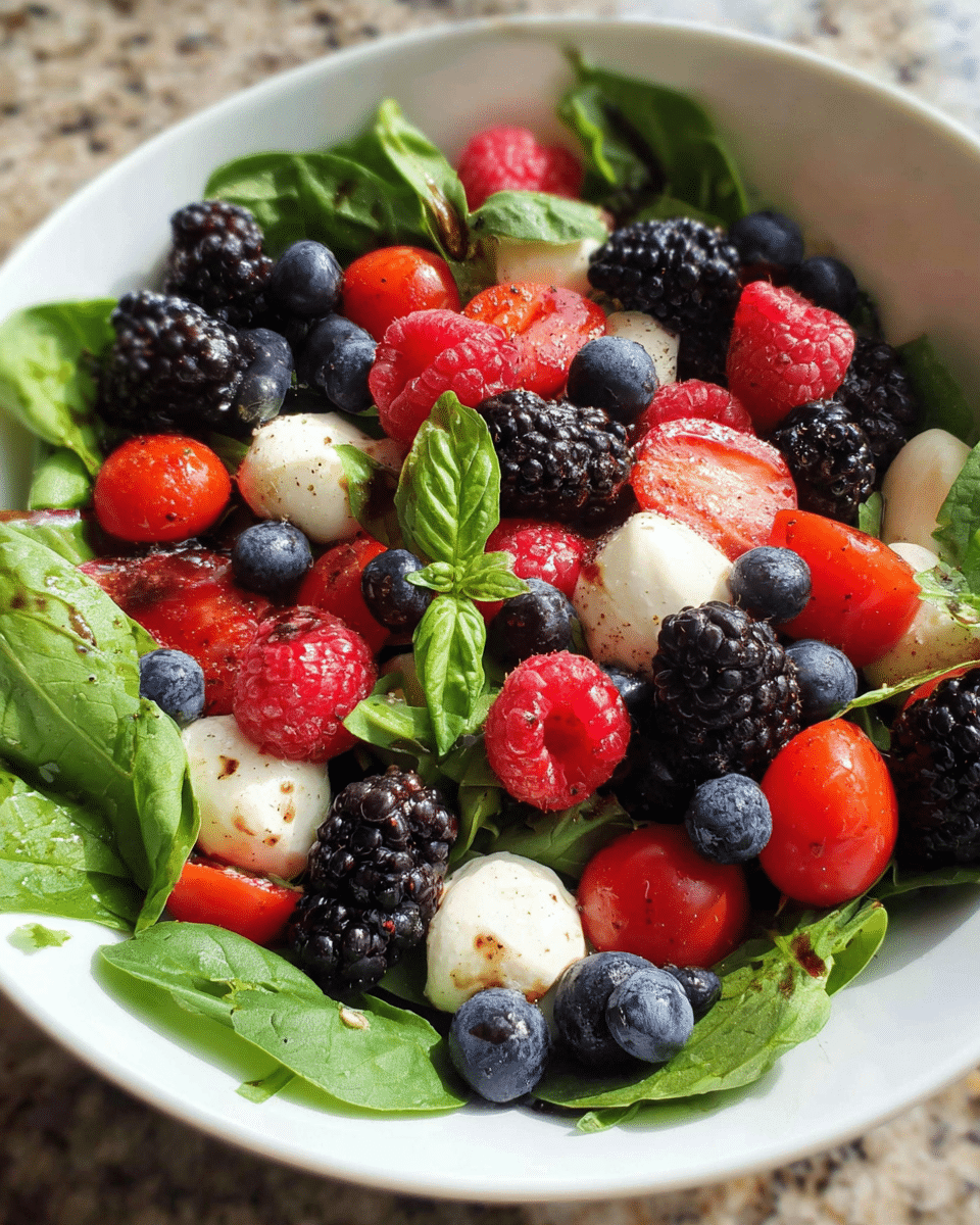 Mixed Berry Caprese Salad plated beautifully