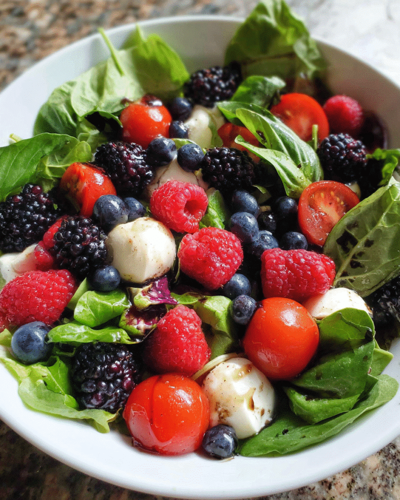 Mixed Berry Caprese Salad plated beautifully