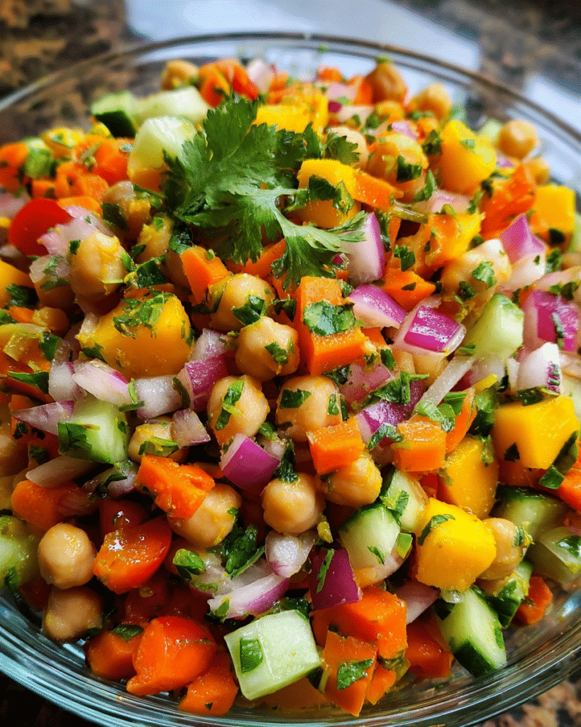 Overhead view of Mango Chickpea Kachumber Salad
